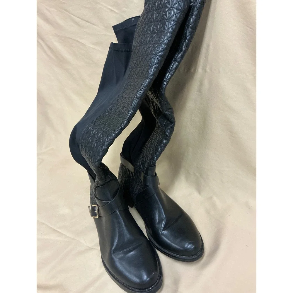 Black Quilted Over The Knee Boots Tess-2952 Low Block Heel womens Size 10W